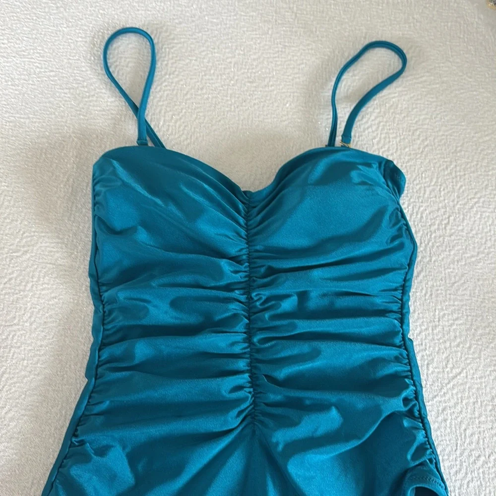 L’AGENCE Aubrey Ruched One-Piece Swimsuit, Size Small, VIRDIAN, $225